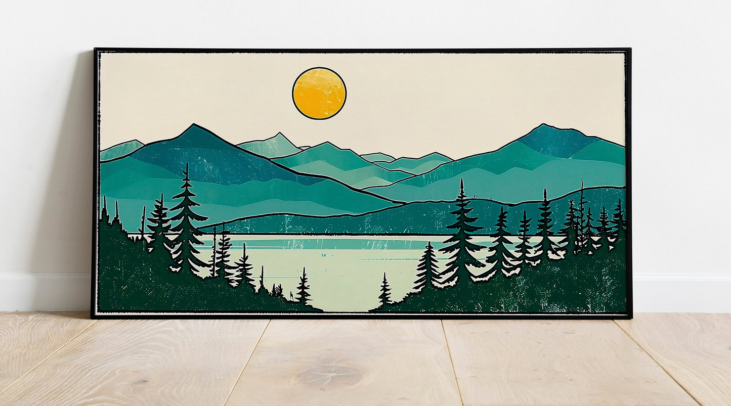 Minimalist Mountain Panorama Woodcut Mountain Lake Calm Landscape Blue and Green Earth Tones Modern Tree Nature Wall Art