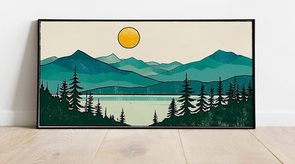 Minimalist Mountain Panorama Woodcut Mountain Lake Calm Landscape Blue and Green Earth Tones Modern Tree Nature Wall Art