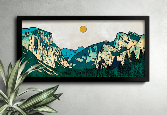 Minimalist Mountain Panorama Woodcut Mountain Range Calm Lake Landscape Blue and Green Earth Tones Modern Tree Nature Wall Art