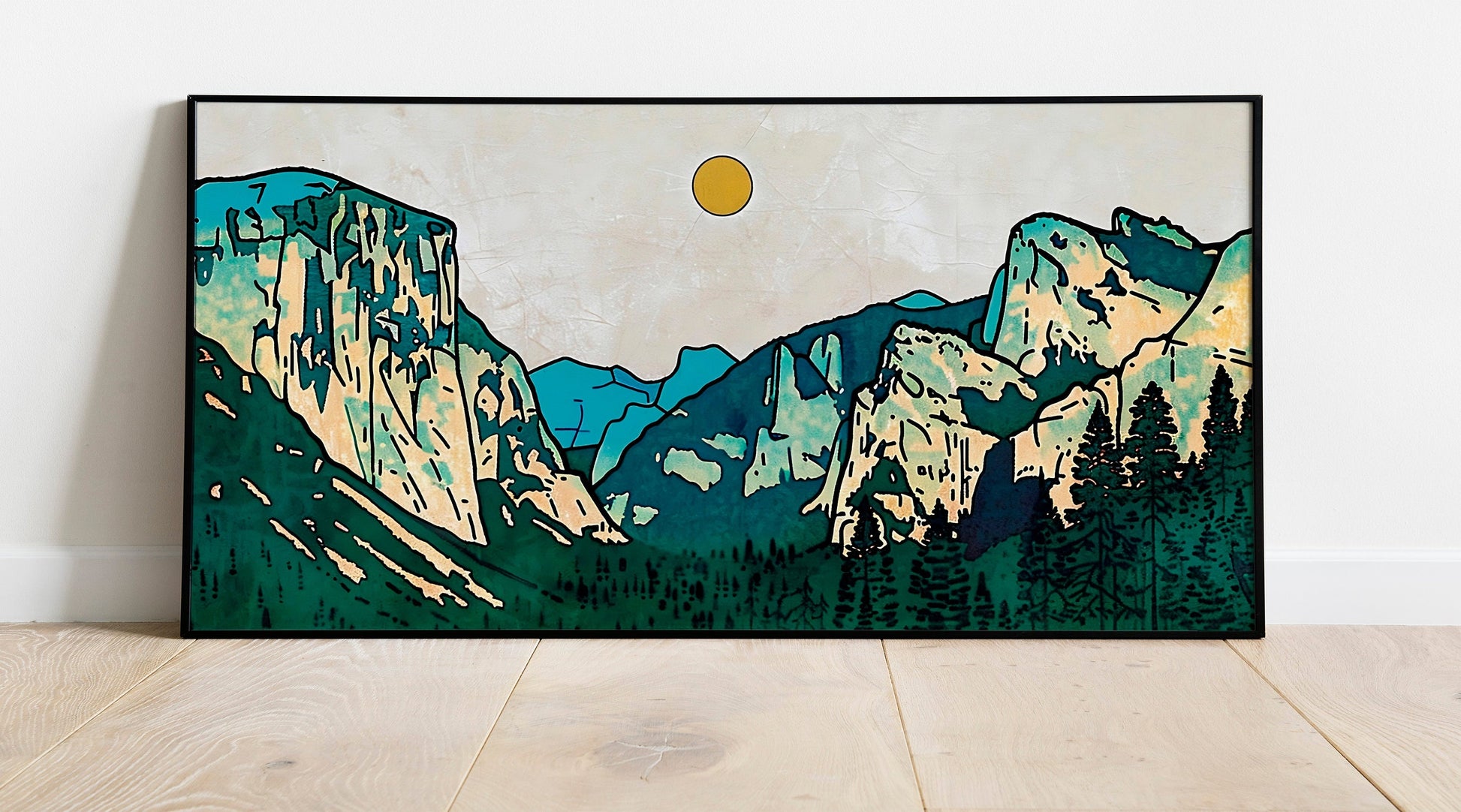 Minimalist Mountain Panorama Woodcut Mountain Range Calm Lake Landscape Blue and Green Earth Tones Modern Tree Nature Wall Art