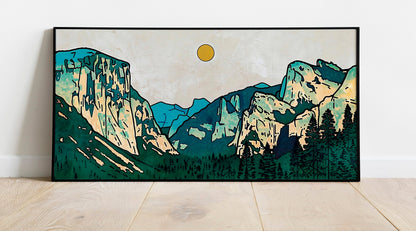Minimalist Mountain Panorama Woodcut Mountain Range Calm Lake Landscape Blue and Green Earth Tones Modern Tree Nature Wall Art