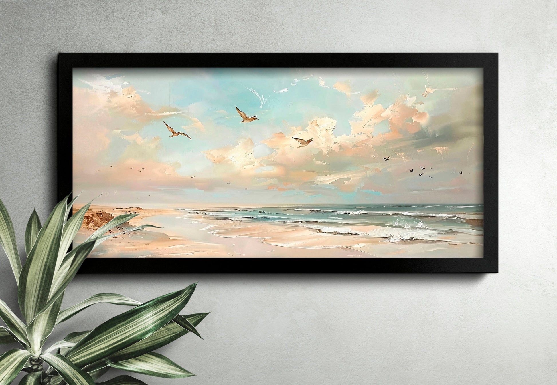 Muted Beach Framed Oil Painting Canvas Print Minimalist Coastal Seascape Print Long Horizontal Panoramic Beach Wall Art