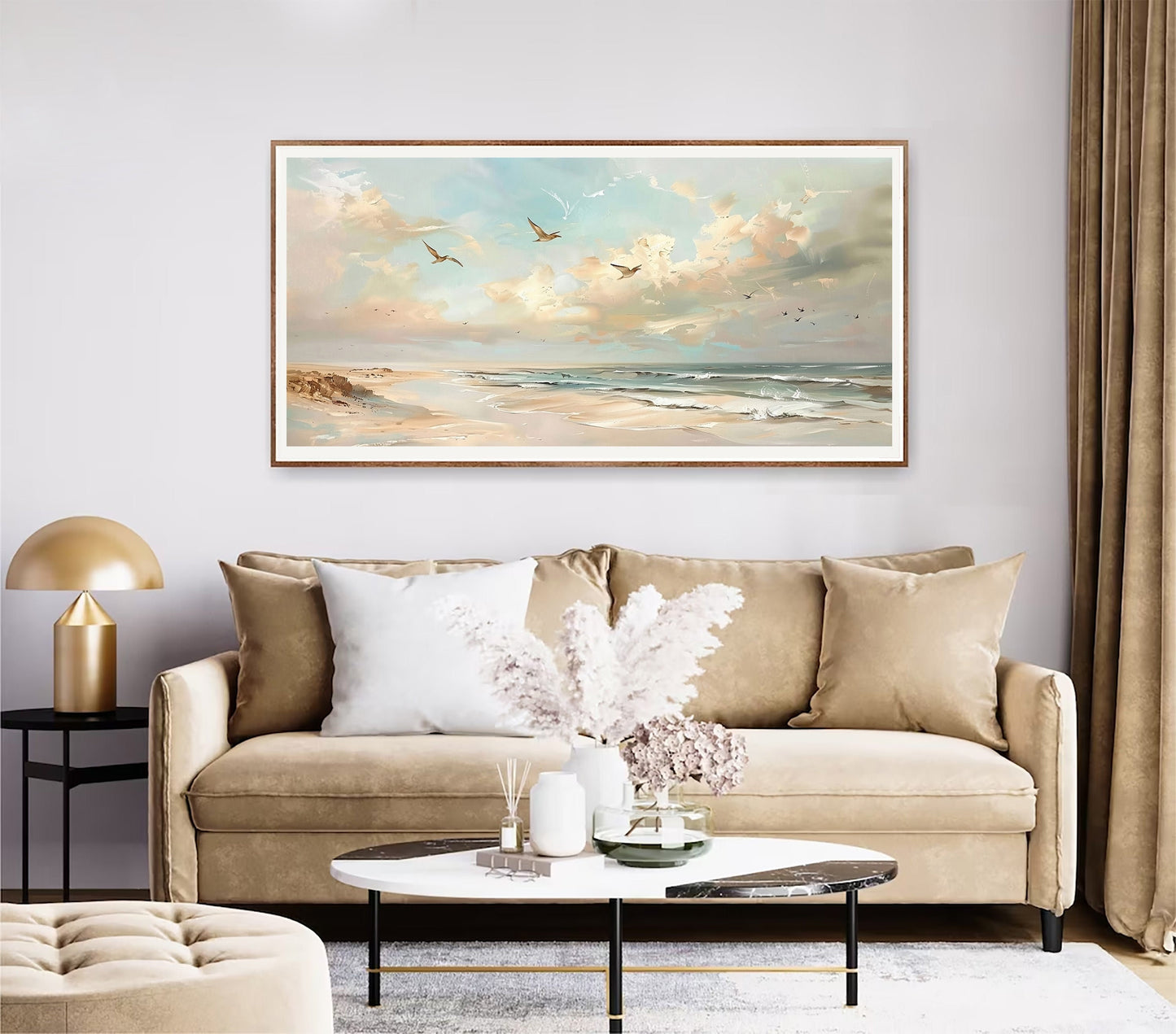 Muted Beach Framed Oil Painting Canvas Print Minimalist Coastal Seascape Print Long Horizontal Panoramic Beach Wall Art