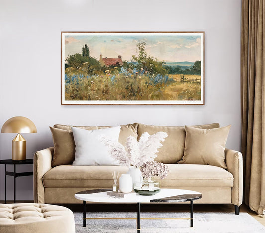 Vintage Wildflower Field Art Botanical Painting Field of Flowers English Countryside Design Wall Art Home Decor