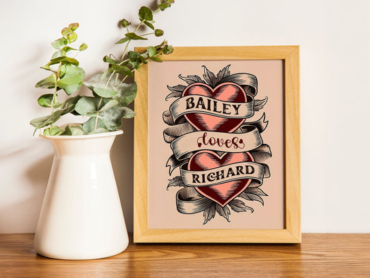 Personalized Wall Art Custom Name Couples Gift American Traditional Hearts Tattoo Flash Art Print Vintage Style