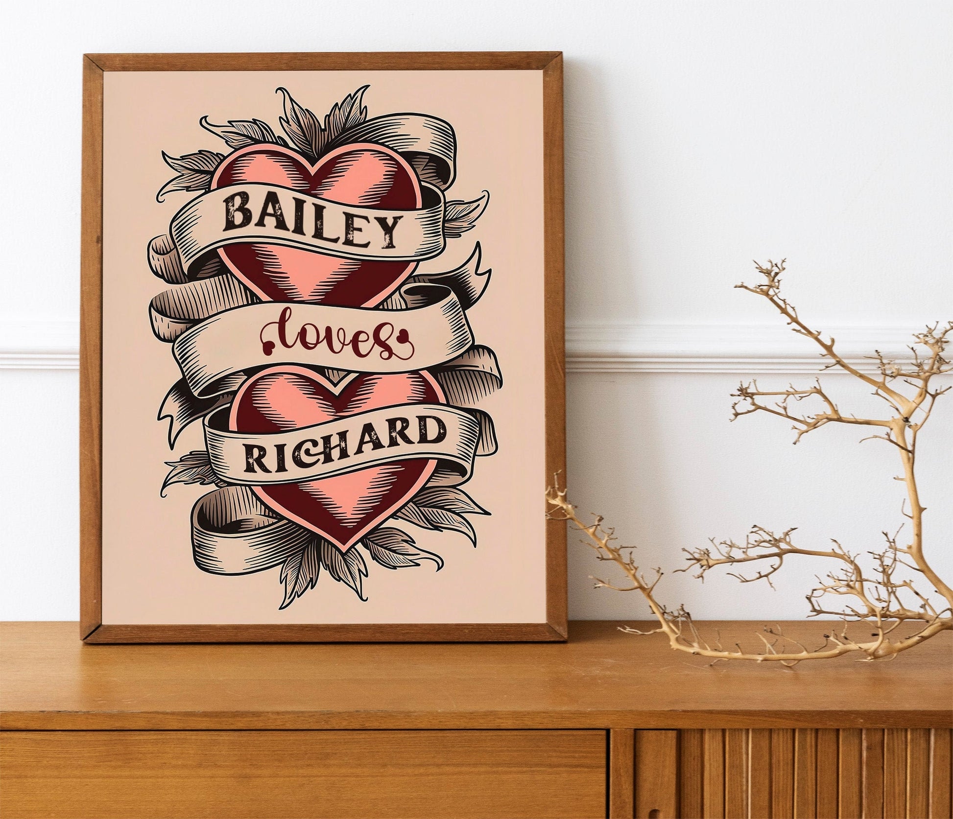 Personalized Wall Art Custom Name Couples Gift American Traditional Hearts Tattoo Flash Art Print Vintage Style