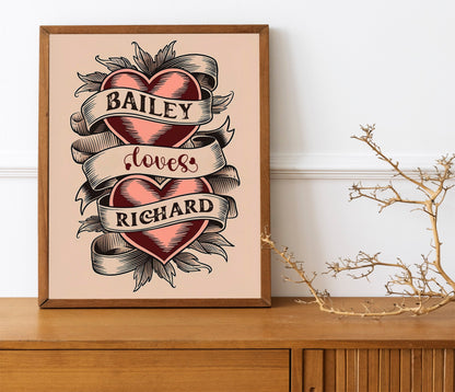 Personalized Wall Art Custom Name Couples Gift American Traditional Hearts Tattoo Flash Art Print Vintage Style