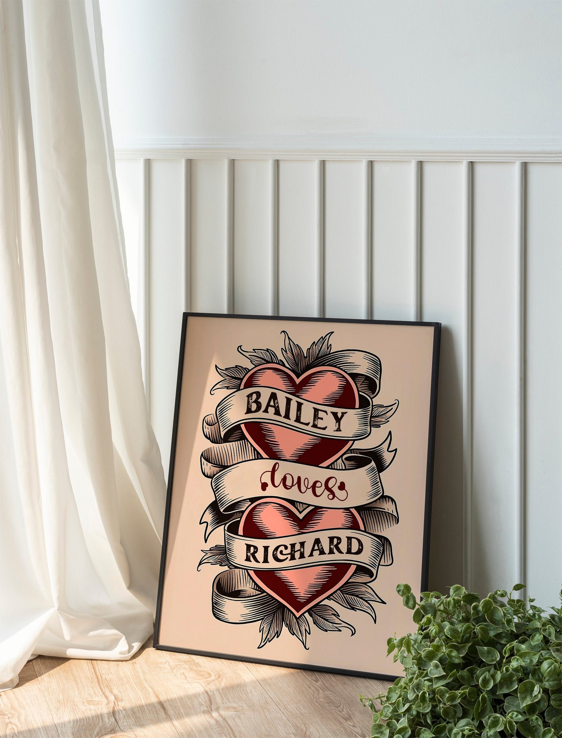 Personalized Wall Art Custom Name Couples Gift American Traditional Hearts Tattoo Flash Art Print Vintage Style