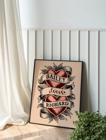 Personalized Wall Art Custom Name Couples Gift American Traditional Hearts Tattoo Flash Art Print Vintage Style