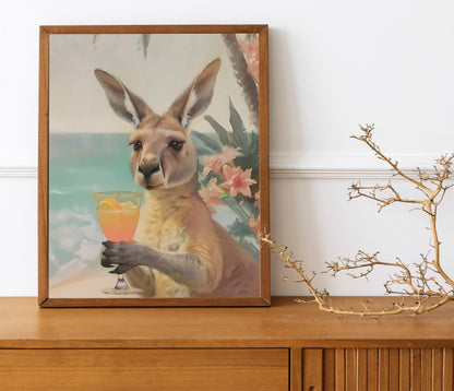 Kangaroo Cocktail Print Cute Retro Bar Cart Aesthetic Decor Funny Apartment Wall Art Humorous Painting for Home Decoration