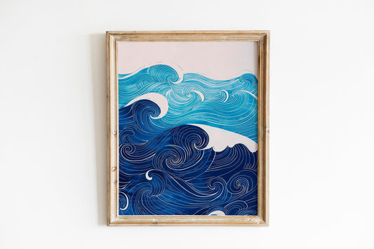Beige and Sky Blue Painting Waves in the Sea Coastal Boho Minimalist Poster Set Aesthetic Baby Blue Wall Art Oysters and Waves Line Art
