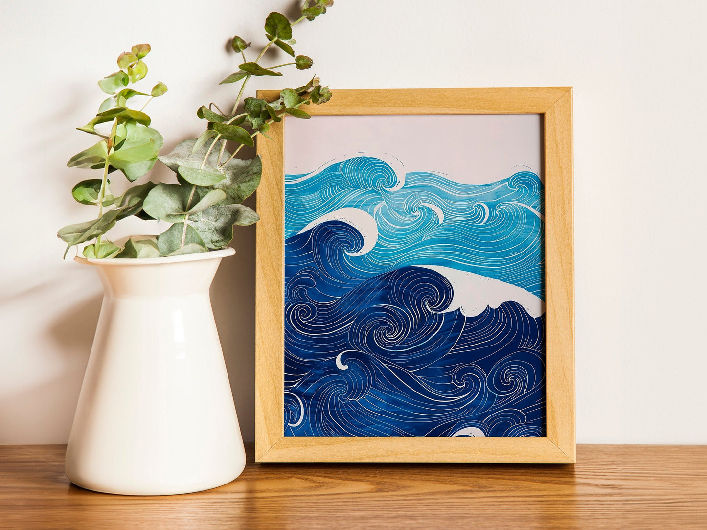Beige and Sky Blue Painting Waves in the Sea Coastal Boho Minimalist Poster Set Aesthetic Baby Blue Wall Art Oysters and Waves Line Art