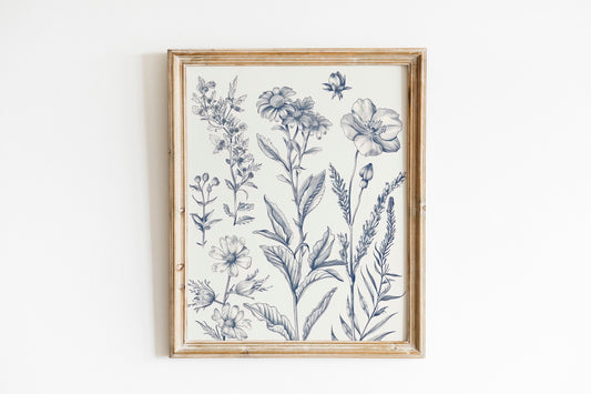 Chinoiserie Blue Botanical Wall Art 3 Piece Decor Minimalist Wall Art Botanical Print Set Blue Wild Flower Art for Home Decoration