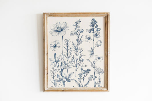 Chinoiserie Blue Botanical Wall Art 3 Piece Decor Minimalist Wall Art Botanical Print Set Blue Wild Flower Art for Home Decoration