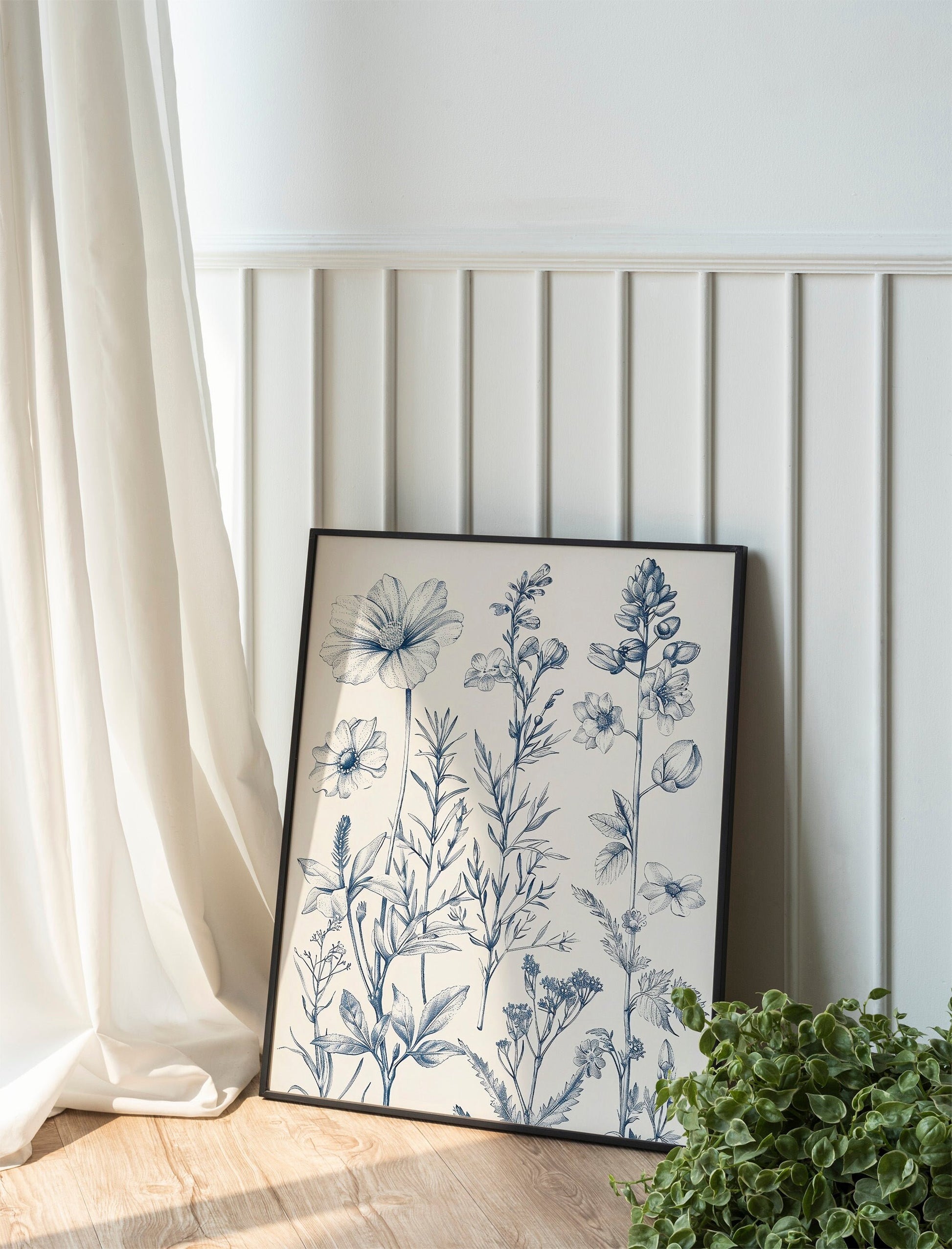 Chinoiserie Blue Botanical Wall Art 3 Piece Decor Minimalist Wall Art Botanical Print Set Blue Wild Flower Art for Home Decoration