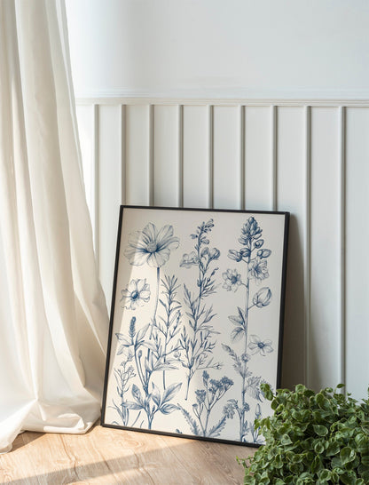 Chinoiserie Blue Botanical Wall Art 3 Piece Decor Minimalist Wall Art Botanical Print Set Blue Wild Flower Art for Home Decoration