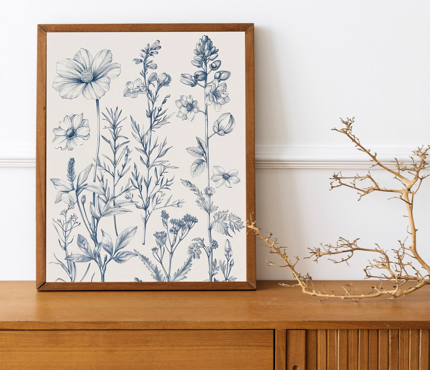 Chinoiserie Blue Botanical Wall Art 3 Piece Decor Minimalist Wall Art Botanical Print Set Blue Wild Flower Art for Home Decoration