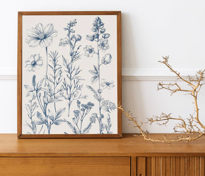Chinoiserie Blue Botanical Wall Art 3 Piece Decor Minimalist Wall Art Botanical Print Set Blue Wild Flower Art for Home Decoration