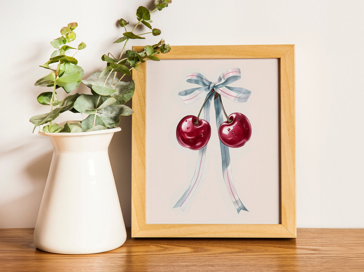 Pink Cherry Ribbon Art Print Cute Girly Watercolor Cherry Pink Wall Art Cherry Bow Poster Pink Fruit Art Food Kitchen Decor