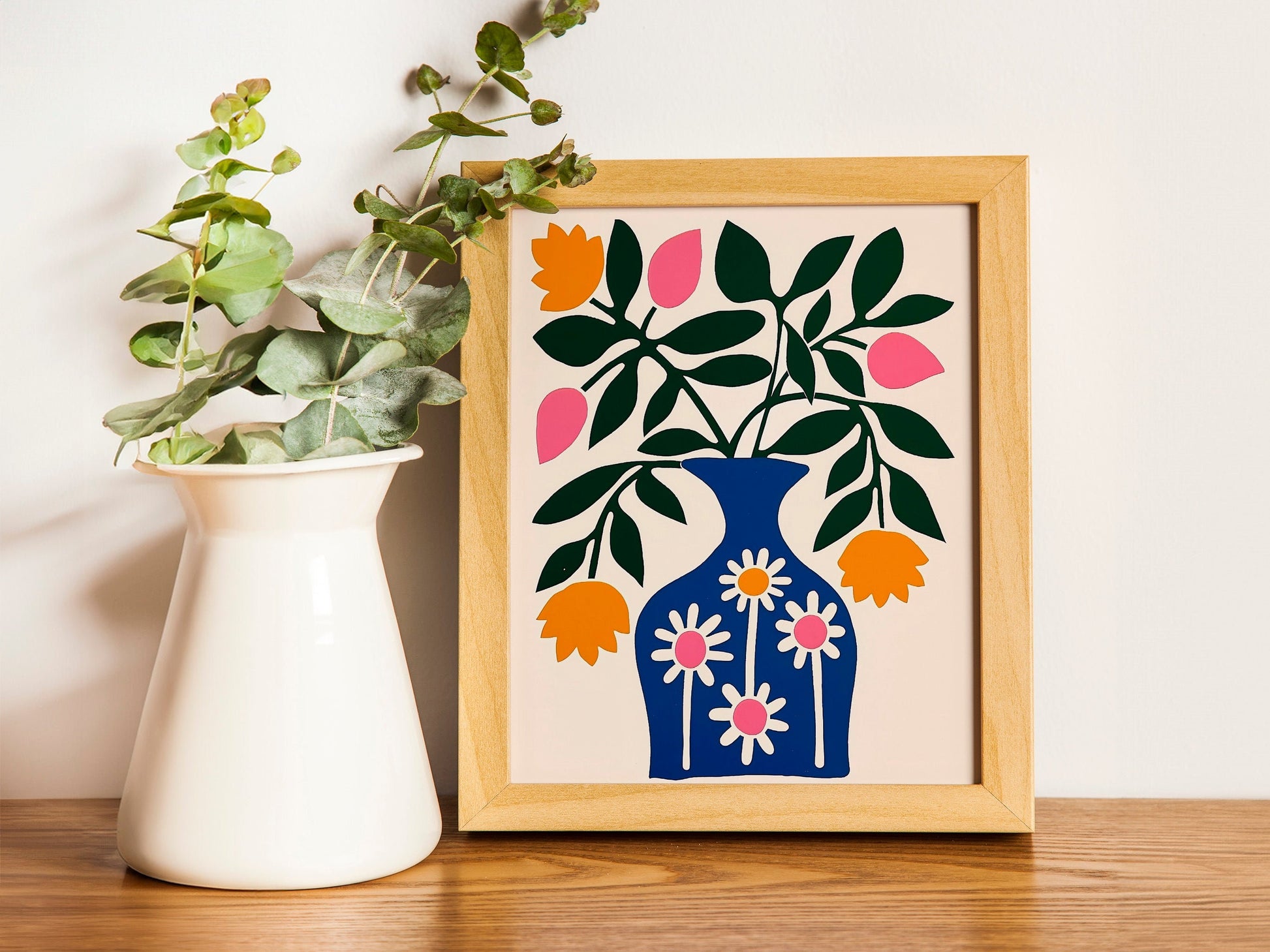 Botanical boho Vase Gallery Wall Art Abstract Pink Flower Print Vibrant Bright Colourful Wall Decor for Home Decoration