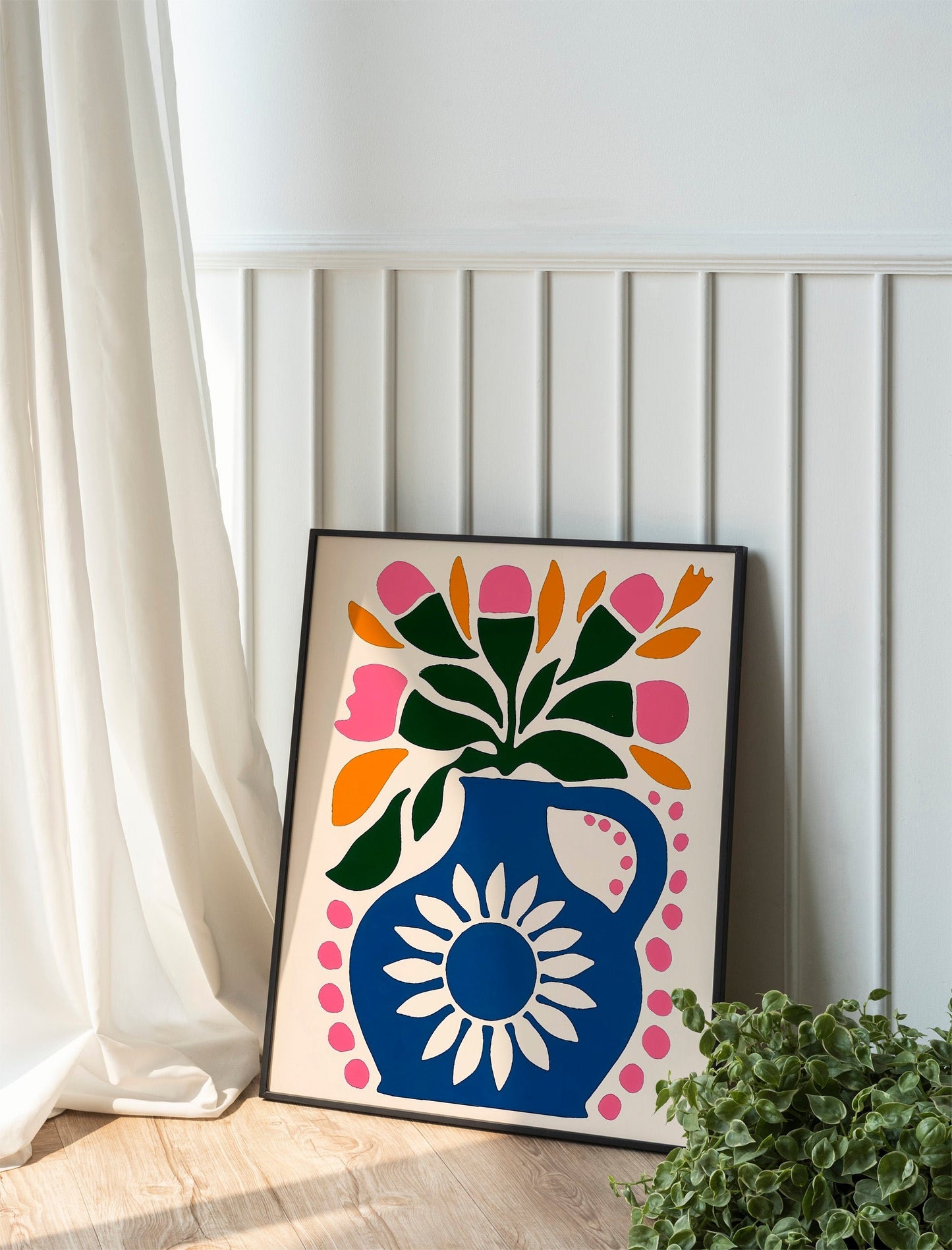 Botanical boho Vase Gallery Wall Art Abstract Pink Flower Print Vibrant Bright Colourful Wall Decor for Home Decoration