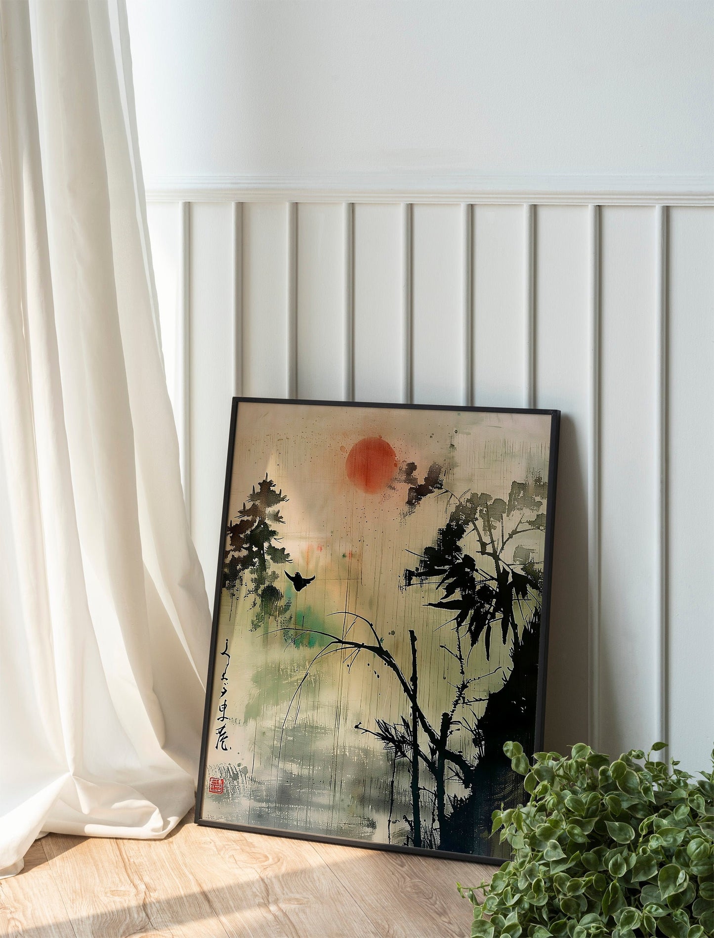 Set of 3 Japandi Décor Japanese Wall Art Prints Minimalist Green Mountain Landscape Japanese Art Prints Home Wall Decoration