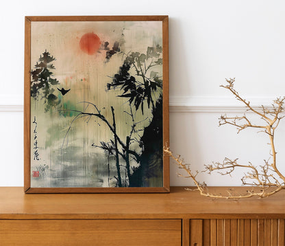 Set of 3 Japandi Décor Japanese Wall Art Prints Minimalist Green Mountain Landscape Japanese Art Prints Home Wall Decoration