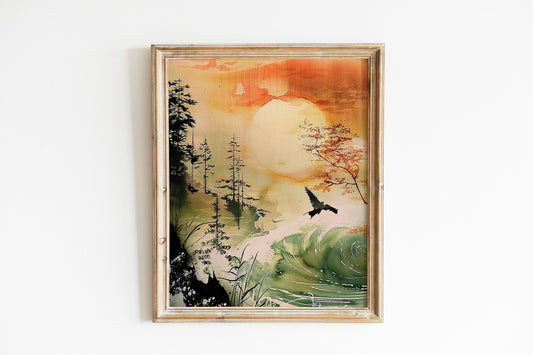 Set of 3 Japandi Décor Japanese Wall Art Prints Minimalist Green Mountain Landscape Japanese Art Prints Home Wall Decoration