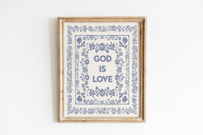 God Is Love Light Blue Square Print Vintage Minimalist Style Wall Art Kitchen Living Room Art Blue Thin Line Scripture Design
