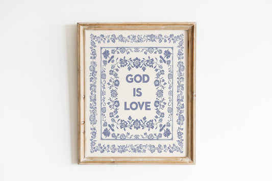 God Is Love Light Blue Square Print Vintage Minimalist Style Wall Art Kitchen Living Room Art Blue Thin Line Scripture Design