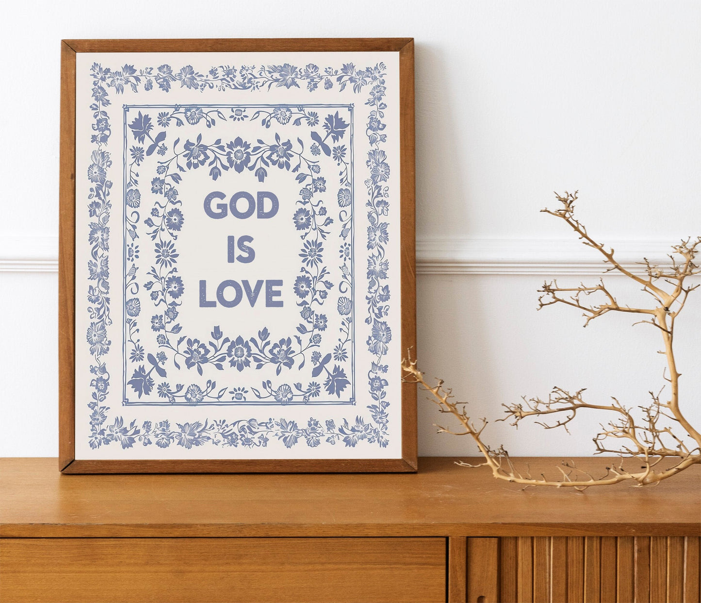 God Is Love Light Blue Square Print Vintage Minimalist Style Wall Art Kitchen Living Room Art Blue Thin Line Scripture Design