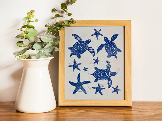 Beige and Sky Blue Sea Turtle Painting Coastal Boho Minimalist Poster Set Aesthetic Art Baby Blue Wall Oysters and Waves Line Art