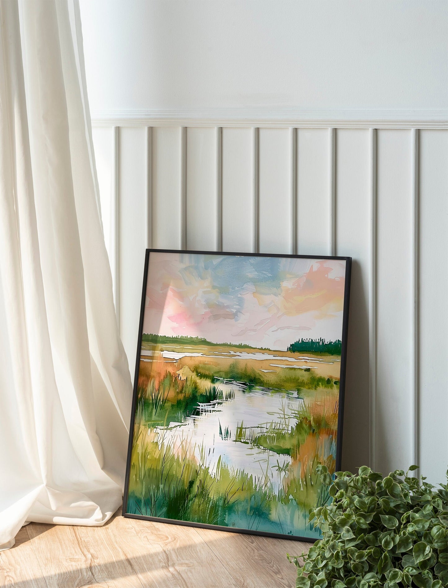 Soft and Serene Trendy Landscape Wall Art Modern Abstract Floral Art in Ivory and Sage Green Fine Art Painting Soft Colors
