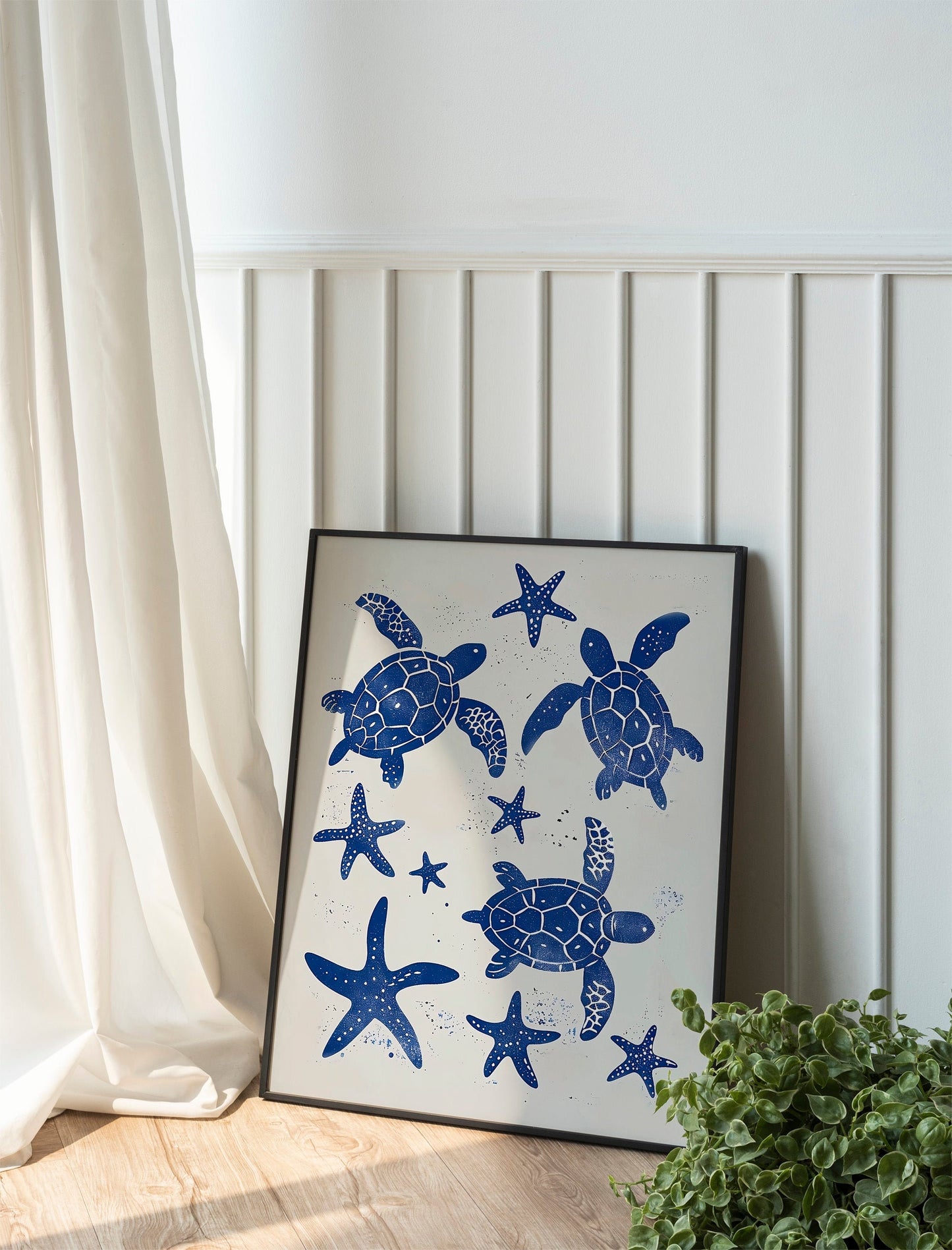 Beige and Sky Blue Sea Turtle Painting Coastal Boho Minimalist Poster Set Aesthetic Art Baby Blue Wall Oysters and Waves Line Art