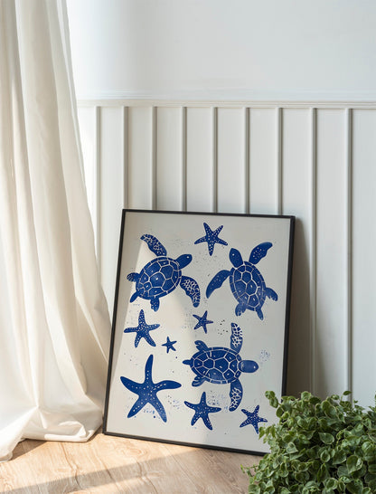 Beige and Sky Blue Sea Turtle Painting Coastal Boho Minimalist Poster Set Aesthetic Art Baby Blue Wall Oysters and Waves Line Art