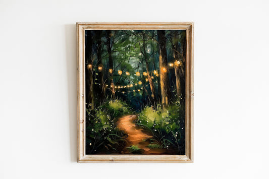 Whimsical Wall Art Fantasy Print Firefly Art Down the Lit Forest Path Garden Paintings Cottage Core Fairy Art Suitable for Bedroom Living
