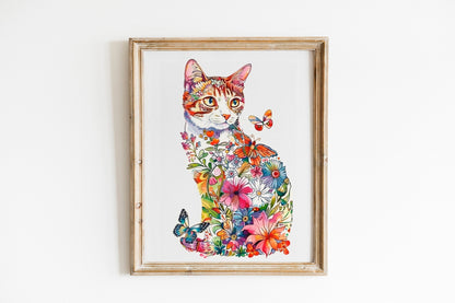Illustration Prints Boho Cats Art Print Set Flower Art of Cats Wall Art Cat Artwork Home Decor Simple Art with House Plants
