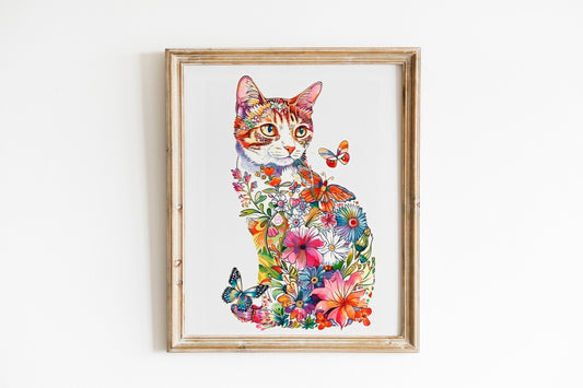 Illustration Prints Boho Cats Art Print Set Flower Art of Cats Wall Art Cat Artwork Home Decor Simple Art with House Plants