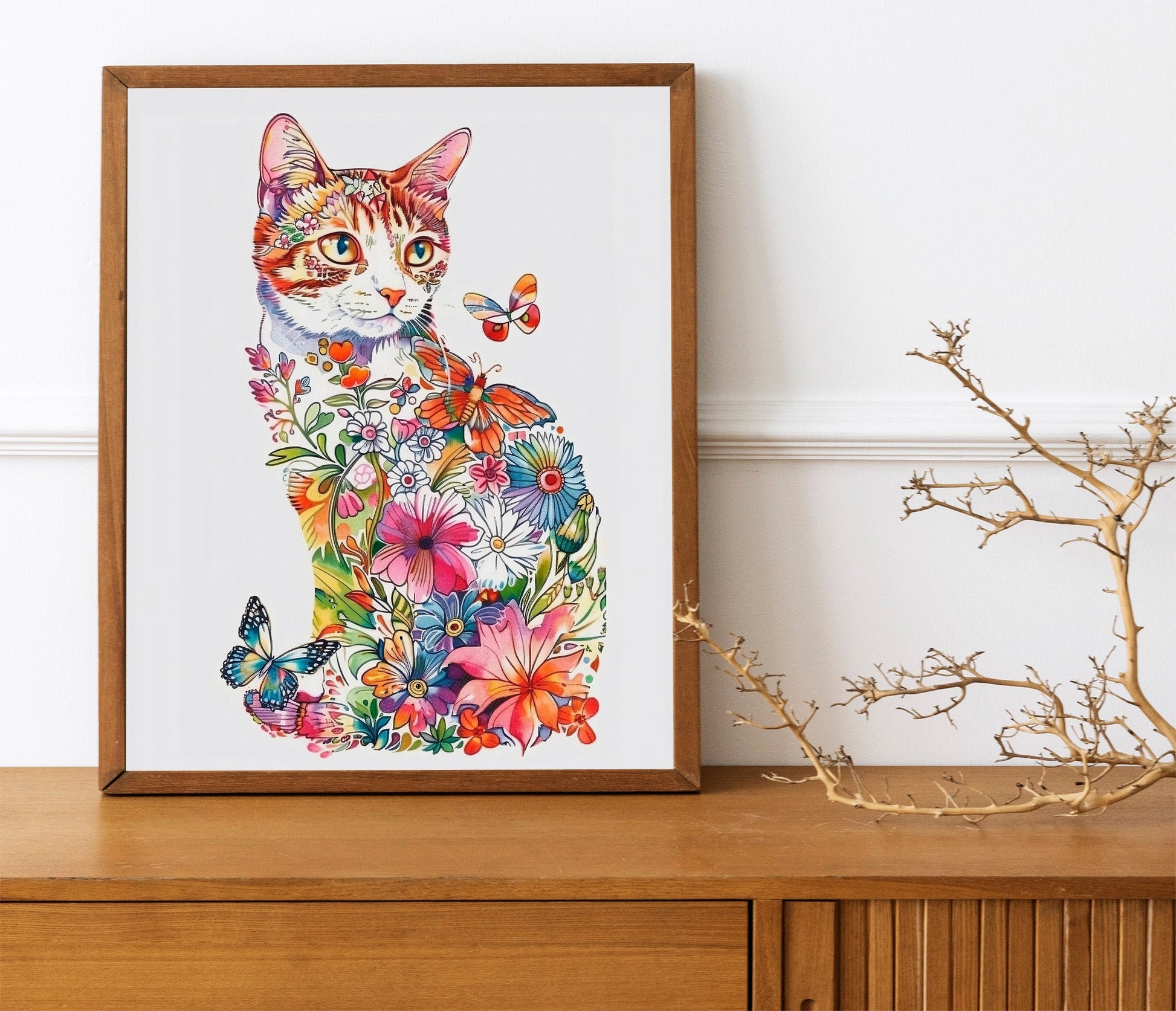 Illustration Prints Boho Cats Art Print Set Flower Art of Cats Wall Art Cat Artwork Home Decor Simple Art with House Plants
