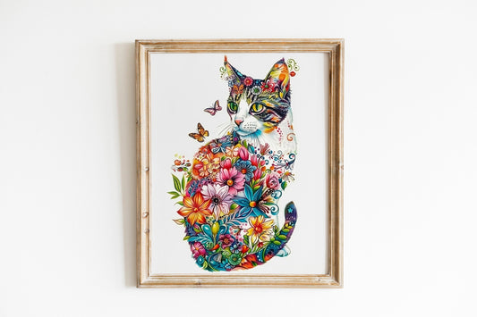 Boho Cats Art Print Set Flower Art of Cats Illustration Prints Wall Art Cat Artwork Home Decor Simple Art with House Plants