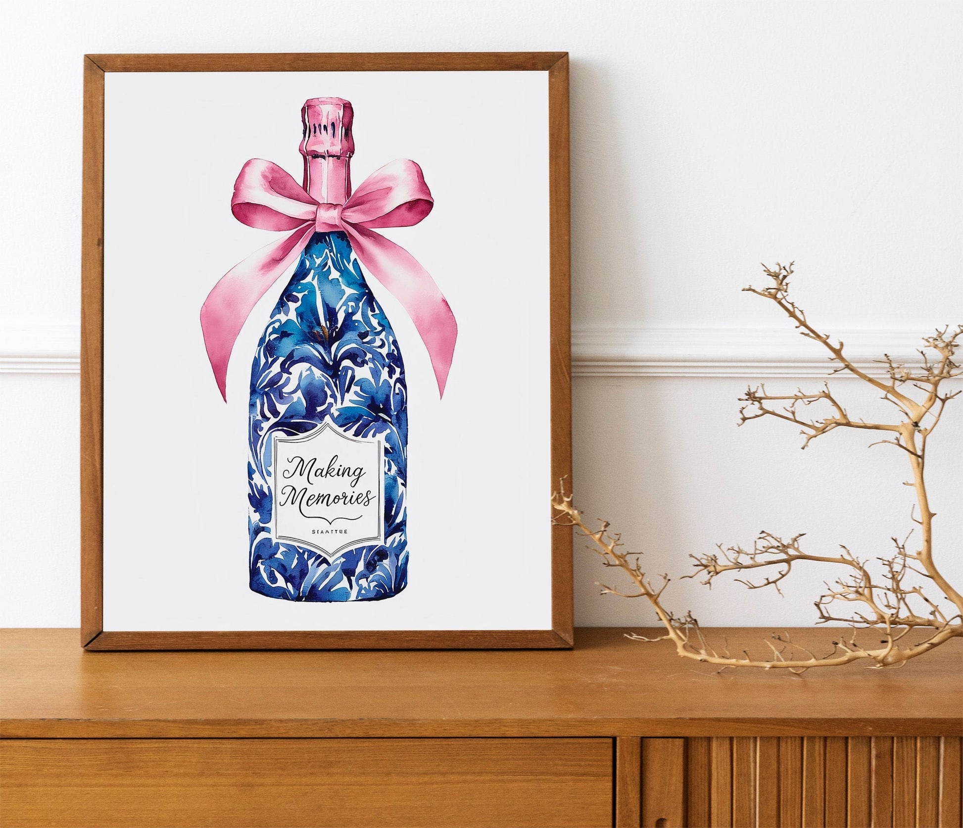 Blue White Bow Wall Art Bar Cart Decor Printable Poster Pink Preppy Wall Art Grandmillennial Holiday Poster Print