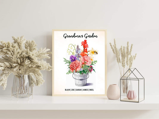 Personalized Birth Month Flower Print - Personalized Wall Art for Her - Custom Gift for Grandma