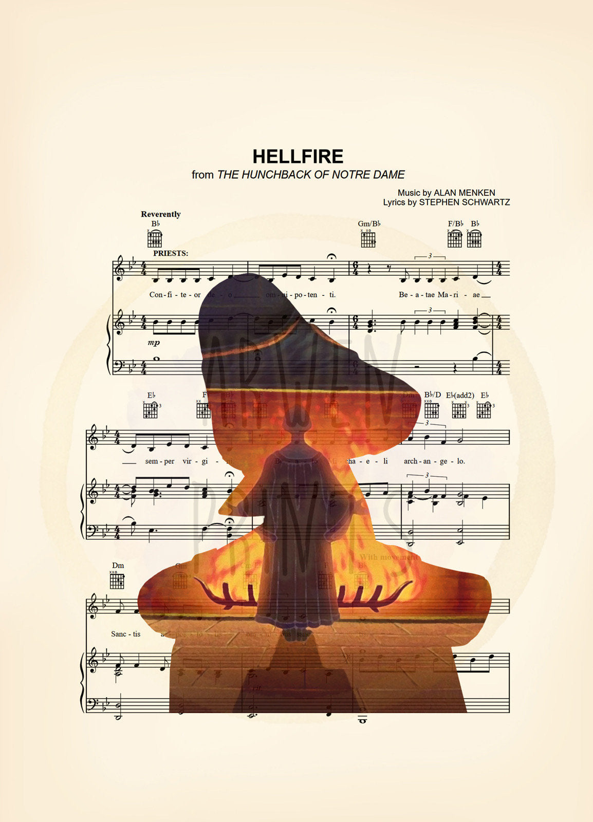 Hunchback of Notre Dame Frollo Bust Silhouette Hellfire Sheet Music Art Print