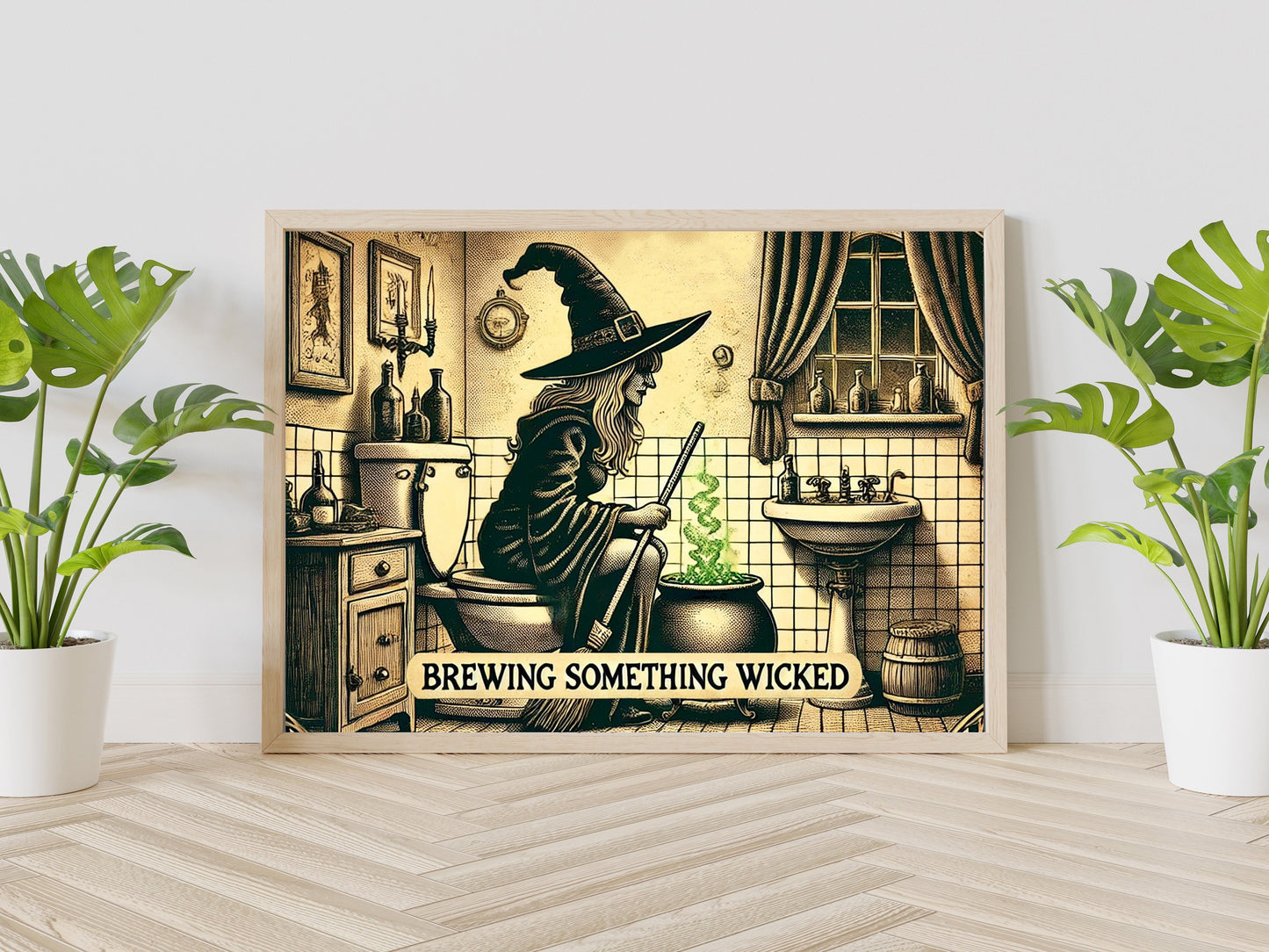 Witch on Toilet Art Print, Brewing Something Wicked, Halloween Witch Bathroom Art, Funny Bathroom Print, Halloween Themed Bathroom Wall Art