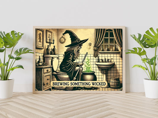 Witch on Toilet Art Print, Brewing Something Wicked, Halloween Witch Bathroom Art, Funny Bathroom Print, Halloween Themed Bathroom Wall Art