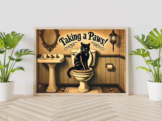 Cat on the Toilet Art Print, Taking A Paws, Halloween Black Cat Bathroom Art, Funny Bathroom Print, Funny Bathroom Decor, Cat Bathroom Art