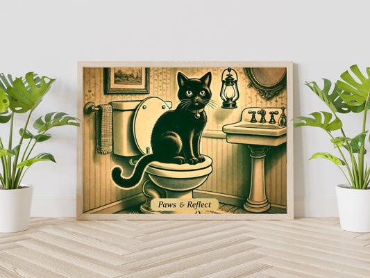 Black Cat on the Toilet Art Print, Paws & Reflect, Halloween Black Cat Bathroom Art, Funny Bathroom Print, Cat Bathroom Decor, Cat Bathroom
