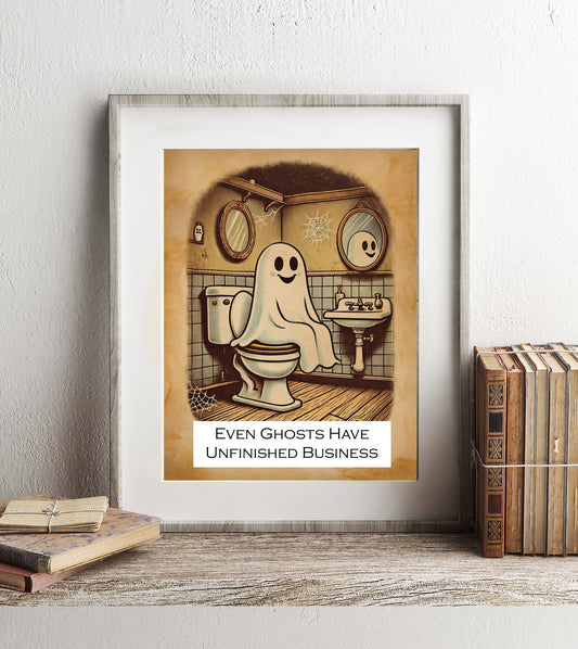 Cute Ghost on the Toilet Art Print, Unfinished Business, Halloween Ghost Bathroom Art, Funny Bathroom Print, Ghost Bathroom Decor