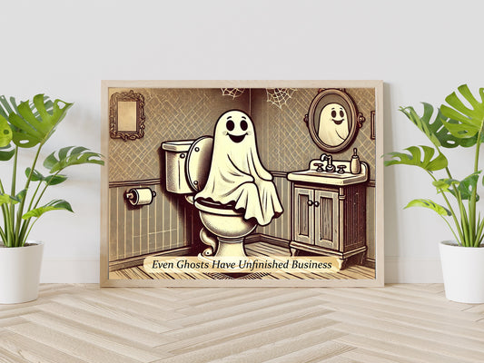 Vintage Ghost on the Toilet Art Print, Unfinished Business, Halloween Ghost Bathroom Art, Funny Bathroom Print, Ghost Bathroom Decor