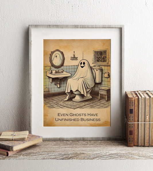 Ghost in Bathroom on the Toilet Art Print, Unfinished Business, Halloween Ghost Bathroom Art, Funny Bathroom Print, Ghost Bathroom Decor